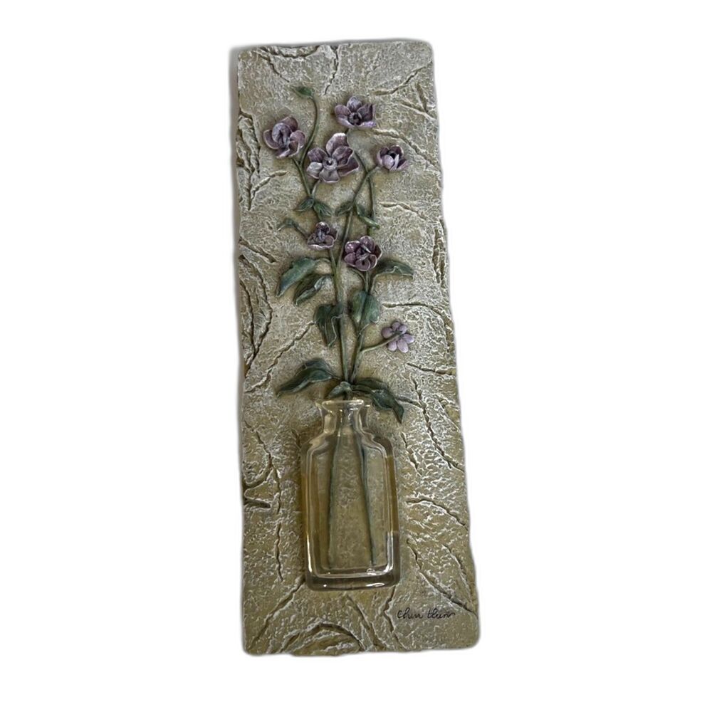 Cheri Blum Floral Resin Wall Art Plaque Purple Raised Flowers Cottage Core Decor